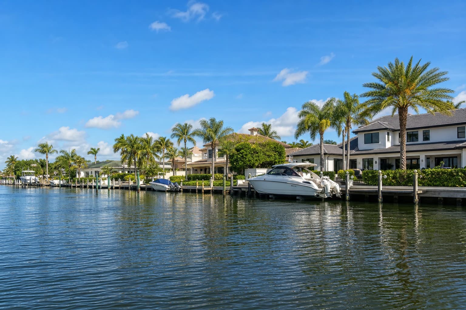 Boynton Beach Florida waterfront homes and docks along a sunny canal